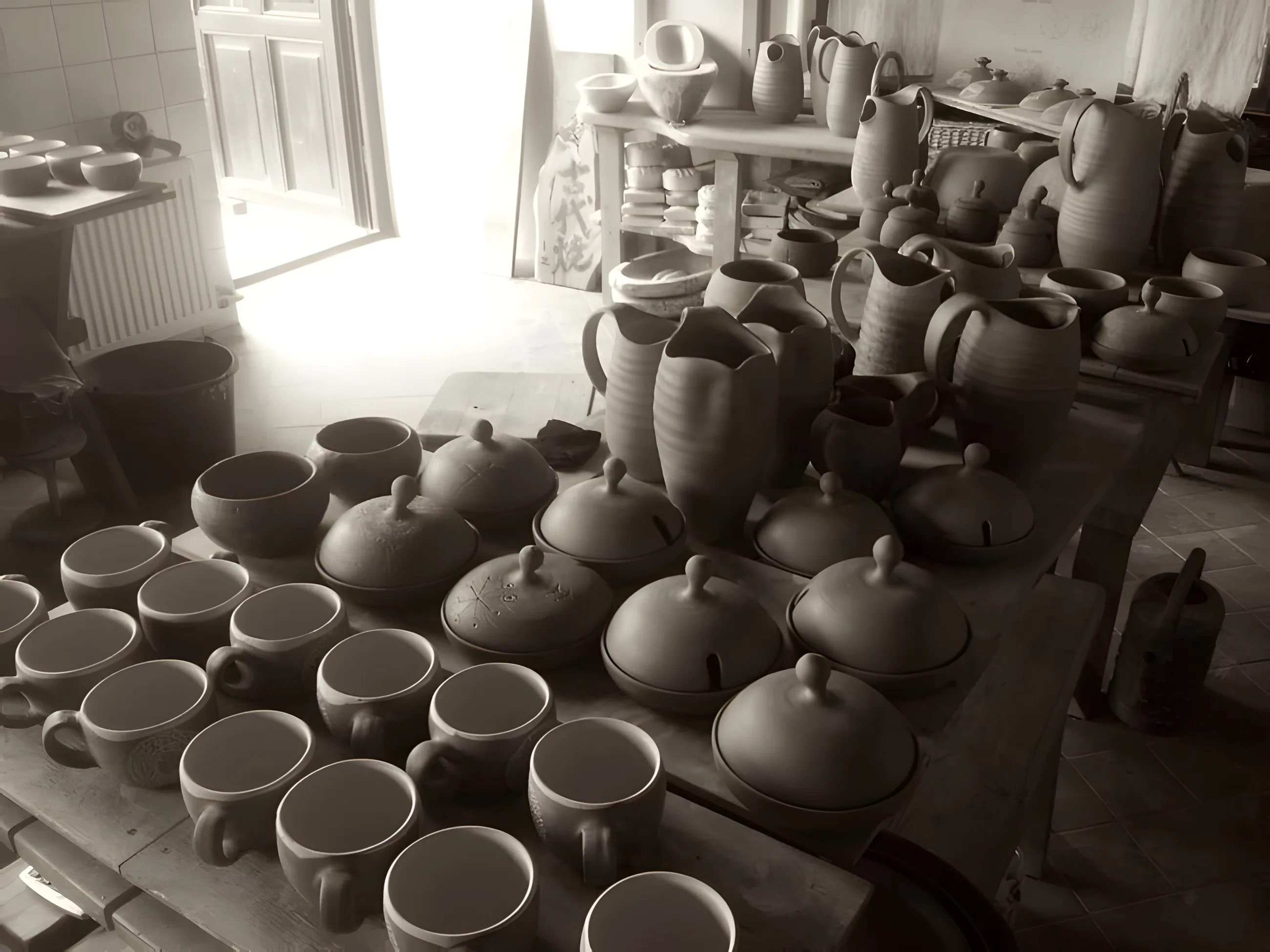 A working ceramic studio filled with freshly thrown vessels